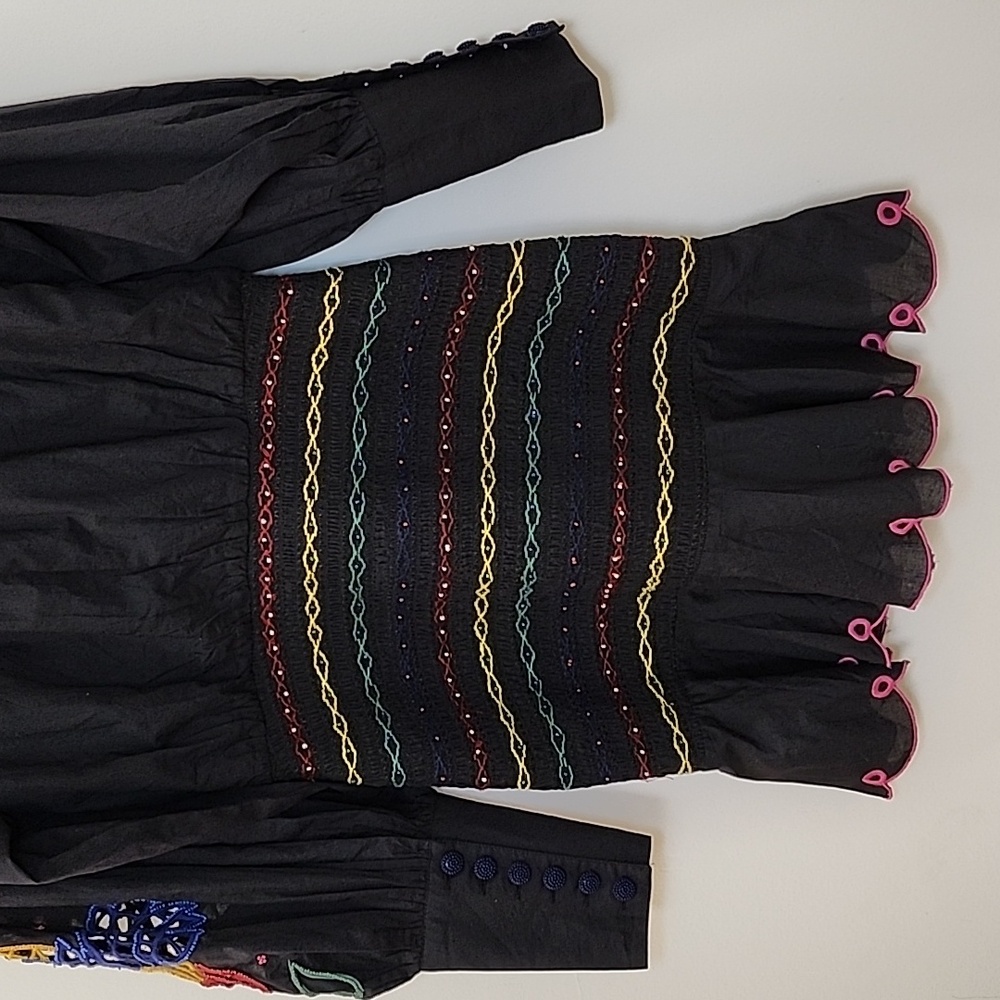 FarmRio Embroidered Puffsleeve  Black Dress Colorful Parrot Design Romantic Sz M - Picture 13 of 16